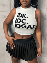 Women's Stand Collar Sleeveless Letter Printed Top & Pleated Mini Skirt Set